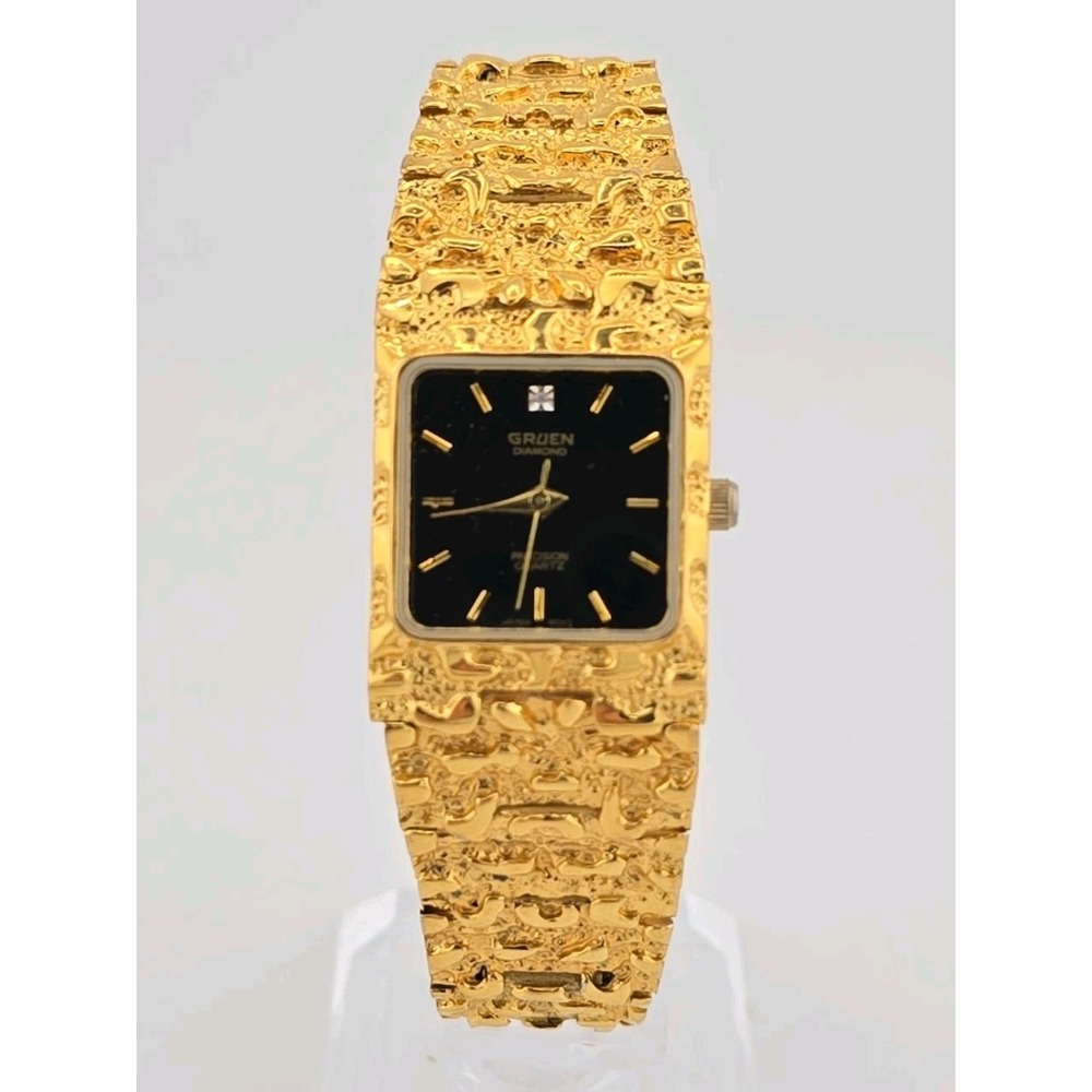 Vtg Gruen Precision Diamond Quartz Square Gold Nugget Watch Black Dial -NEW BATT